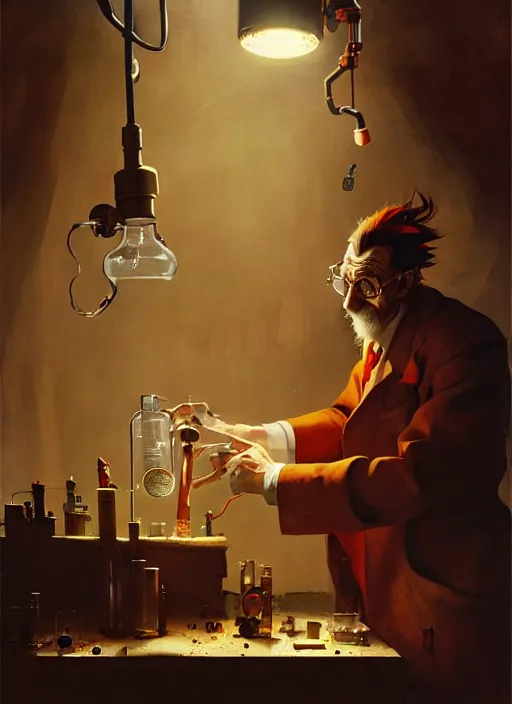 Image similar to mad scientist performing a experiment by otto dix and greg rutkowski and andreas rocha, cinematic lighting, highly detailed, warm colours, 8 k