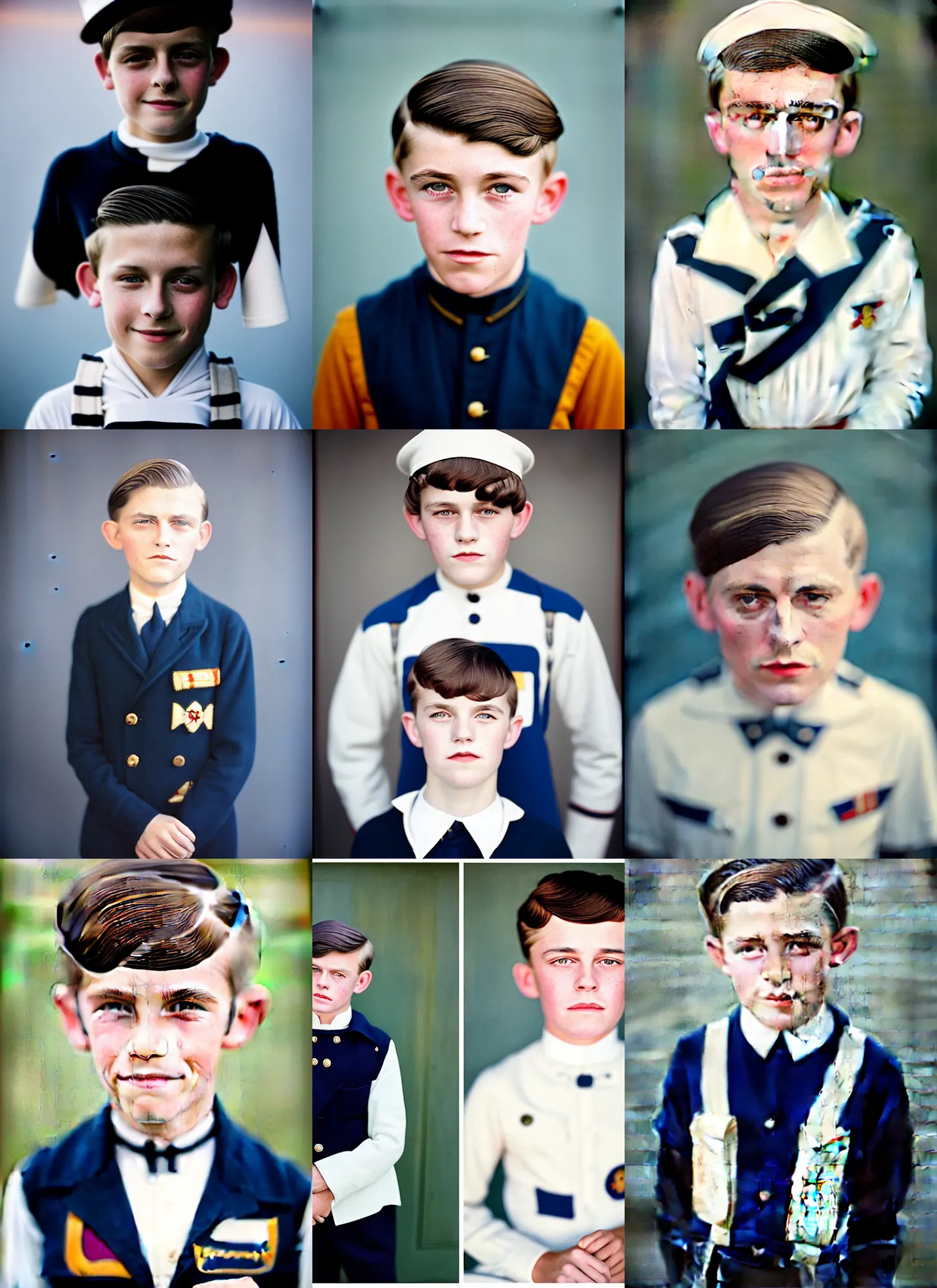 Prompt: kodak portra 4 0 0, 8 k, highly detailed, britt marling style, night, press award winning colour portrait of a cute handsome 8 year old sailor boy, up face with 1 9 2 0 s hairstyle, 1 9 2 0 s style, asymmetrical, hasselblad