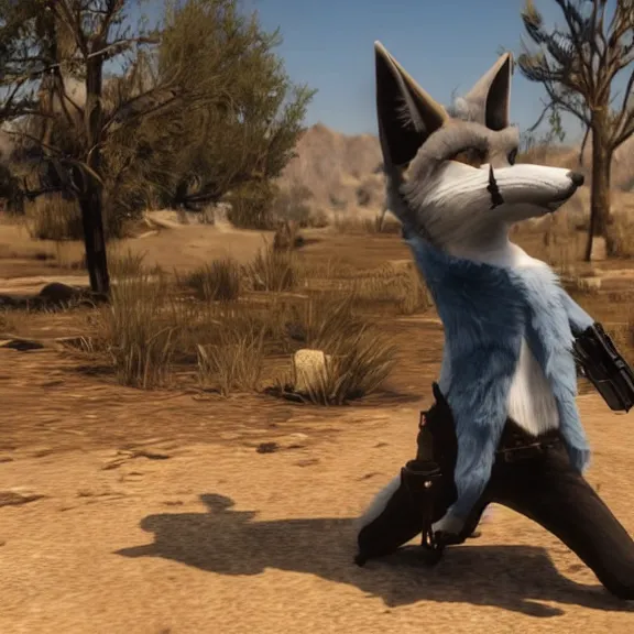 Prompt: a blue fennec fox furry in a fursuit in red dead redemption 1 killing himself with his revolver