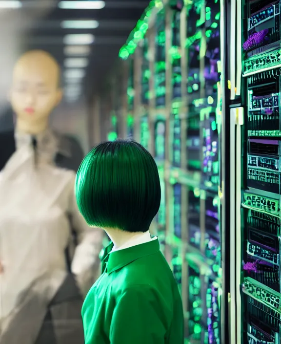 Prompt: asian girl, bobbed and bowl cut hair, pine green hair color, standing in a server room, wearing business casual dress, 4 k, vaporwave, cinecolor, perfect detail