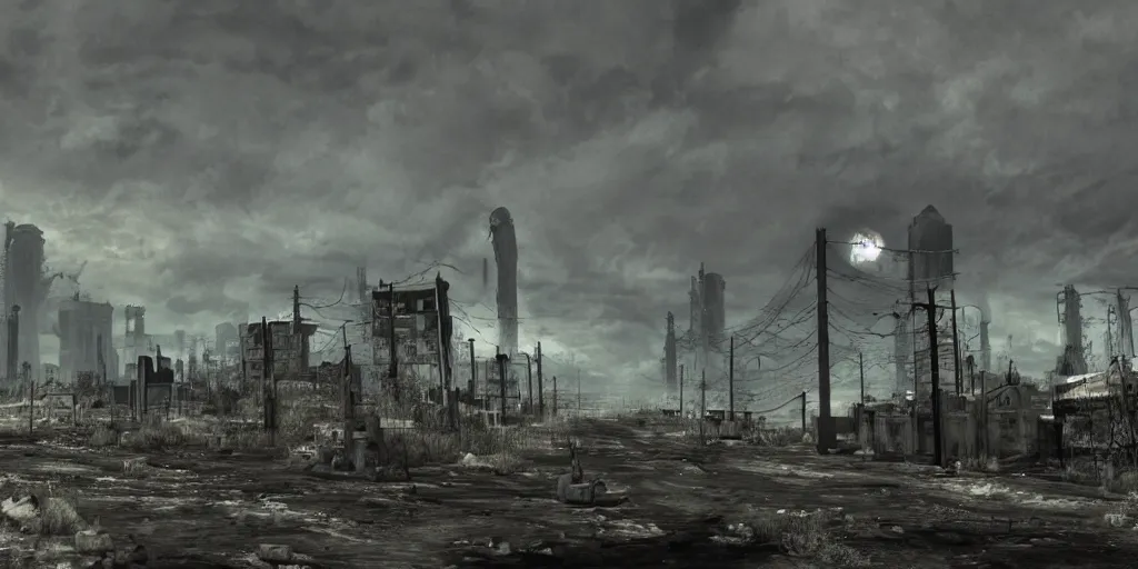 Image similar to nuclear fallout wasteland, dark future