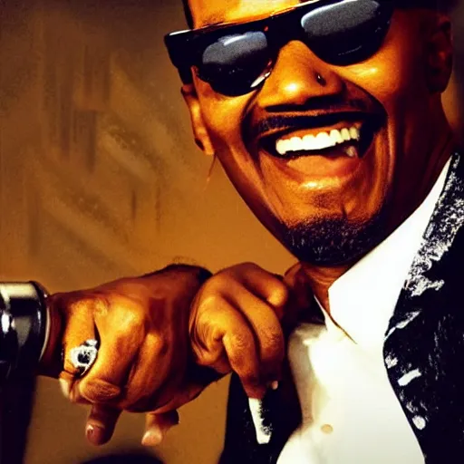 Prompt: the next best jamaican riddims dub trap phonk album cover, jamie foxx as ray charles movie