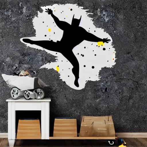 Image similar to die cut sticker of batman breakdancing, splatter paint