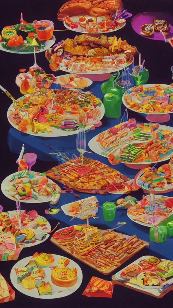 Image similar to 1 9 8 0 s airbrush surrealism illustration of a spread of party food, by ryo ohshita