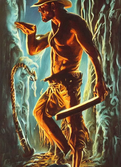 Image similar to creepy horror 1 9 8 6 poster for indiana jones. oil on canvas. print.