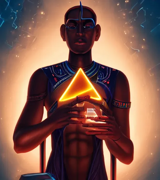 Image similar to symmetry!! egyptian prince of technology, solid cube of light, hard edges, product render retro - futuristic poster scifi, lasers and neon circuits, brown skin man egyptian prince, intricate, elegant, highly detailed, digital painting, artstation, concept art, smooth, sharp focus, illustration, dreamlike, art by artgerm