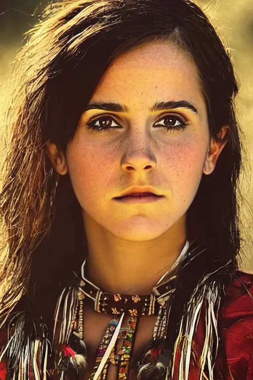 Image similar to “Photo of Native American indian woman Emma Watson, portrait, skilled warrior of the Apache, ancient, realistic, detailed, emma watson”