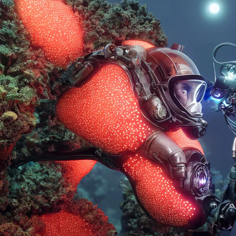 Image similar to octane render portrait by wayne barlow and carlo crivelli and glenn fabry, subject is a shiny reflective tactical black ops futuristic scuba diver with small lights inside helmet, surrounded by bubbles inside an exotic alien coral reef aquarium full of exotic fish, cinema 4 d, ray traced lighting, very short depth of field, bokeh