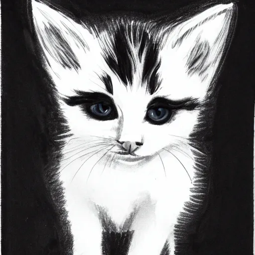 Image similar to black and white marker drawing of a baby kitten, floating head, white background