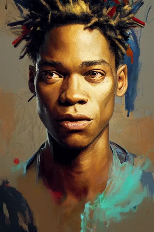 Prompt: ultra realistic illustration, jean basquiat, staring directly into camera, intricate, elegant, highly detailed, digital painting, artstation, concept art, smooth, sharp focus, illustration, art by artgerm and greg rutkowski and alphonse mucha