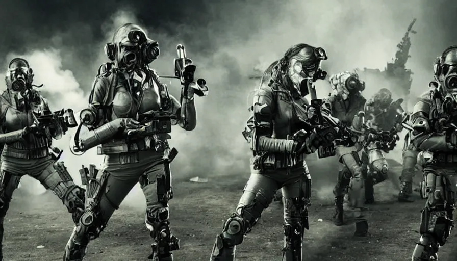 Prompt: big budget action movie set in a technoir warzone where beautiful female cyborgs in rubber suits and gas masks fight each other with miniguns 0