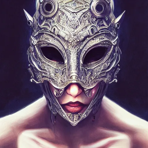 Image similar to Very very very very highly detailed epic photo of face with venetian mask, intricate, dystopian, sci-fi, extremely detailed, digital painting, artstation, concept art, smooth, sharp focus, illustration, intimidating lighting, incredible art by Artgerm and Anton Pieck