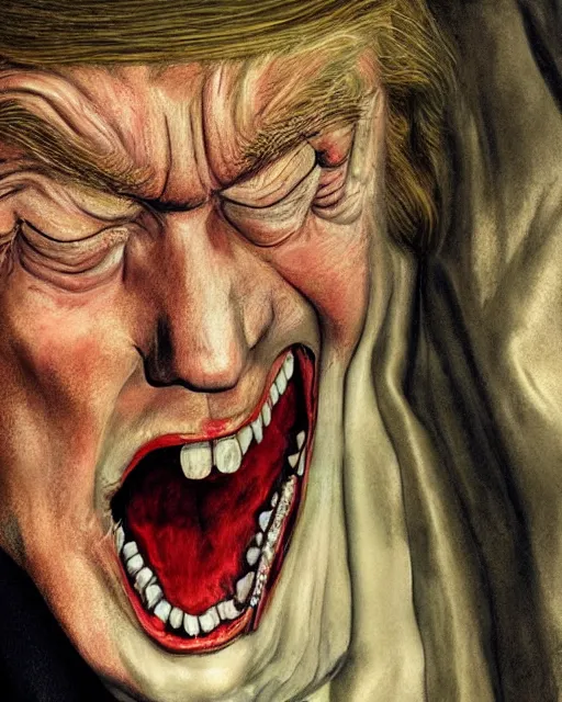 Image similar to donald trump as dracula with fangs out, character portrait, close up, concept art, intricate details, highly professionally detailed, hyperrealist, in the style of otto dix and h. r giger