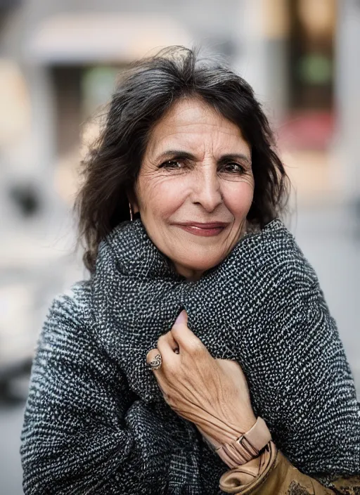 Prompt: portrait of beautiful Spanish 50-year-old well-groomed woman model, with lovely look, happy, candid street portrait in the style of Martin Schoeller award winning, Sony a7R