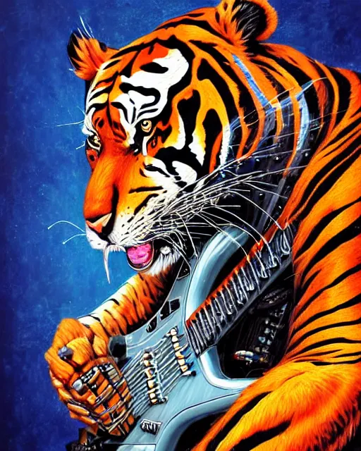 Image similar to a portrait of an anthropomorphic cyberpunk roaring tiger shredding an electric guitar as the guitar melts by sandra chevrier, by jon foster, detailed render, tape deck, epic composition, cybernetics, 4 k realistic, cryengine, realistic shaded lighting, sharp focus, masterpiece, by enki bilal