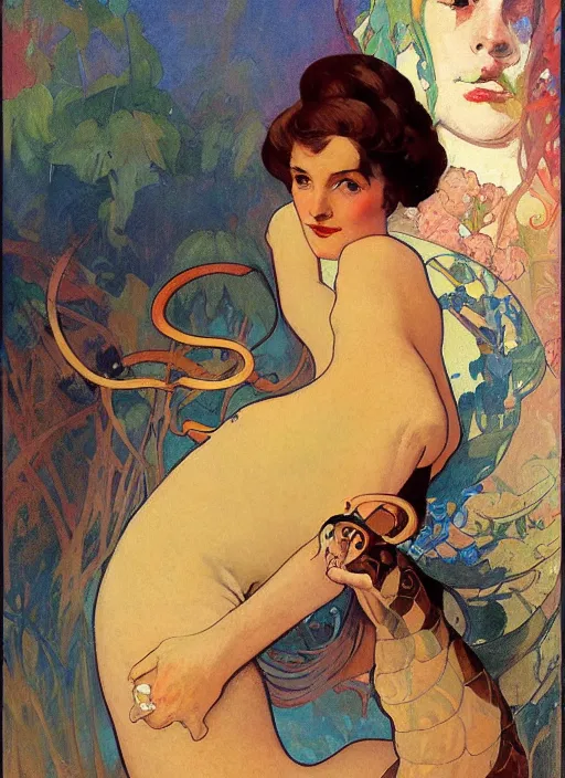 Prompt: an art nouveau copic maker portrait of a woman holding a snake in the night by john berkey by edward hopper, alphonse mucha, loish, norman rockwell