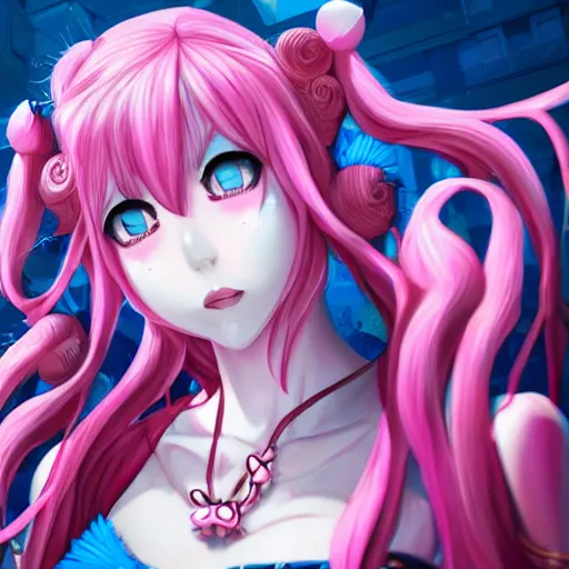 Image similar to trapped beneath stunningly absurdly beautiful omnipotent asi goddess junko enoshima with multiple twisted deceptive innocent megalomaniacal mesmerizing personalities, symmetrical perfect face, porcelain skin, pink twintail hair and cyan eyes, ultra detailed, digital art, unreal engine 5, octane render, 2 d anime, 8 k