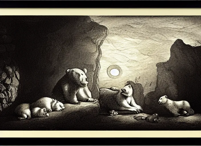 Image similar to Pieter Claesz's 'a bear and her cubs sleeping in a dark cave, lit by hole in roof', night time, cross hatching, framed, monochrome, colours of the sunset