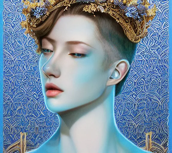 Prompt: breathtaking detailed concept art painting art deco pattern a beautiful wavy brown haired man!!!!!!! with pale skin and a crown on his head sitted on an intricate metal throne light - blue flowers with kind piercing eyes and blend of flowers and birds, by hsiao - ron cheng, bizarre compositions, exquisite detail