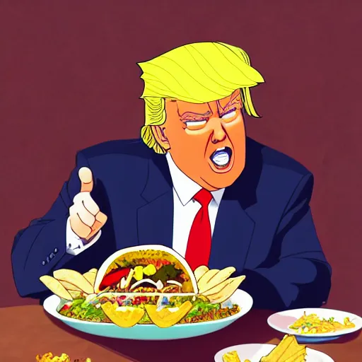 Image similar to beautiful digital painting portrait of donald trump eating a taco bowl in the style of studio trigger anime, 4 k, 8 k, hd, high resolution, highly detailed, intricate detail, ultra realistic faces, digital art, trending on artstation, kill la kill, gurren lagann