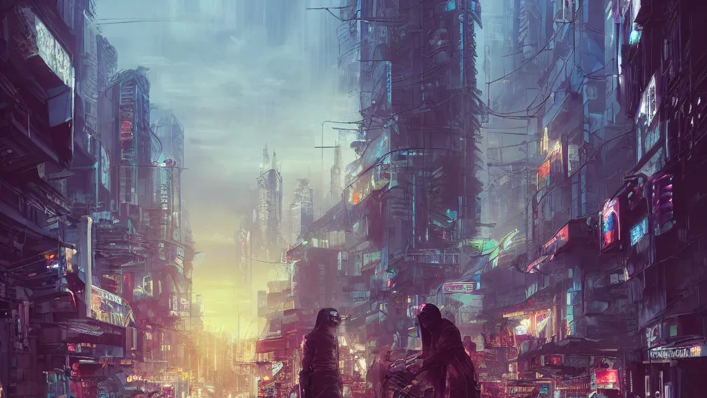 Image similar to Cyberpunk city, street vendors, citizens, augmented cyborgs, robots, skyscapers, buildings, clouds, sunset, painted by seb mckinnon, high detail, digital art, trending on artstation