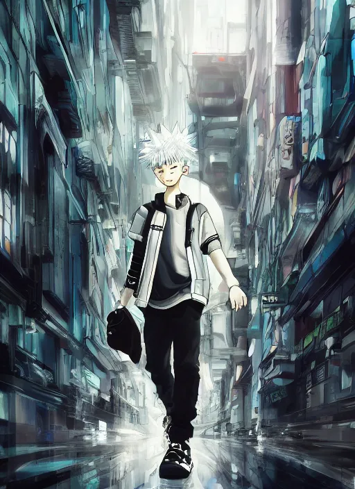 Image similar to Killua walking towards camera, low angle, epic, artstation, cyberpunk, intricate complexity