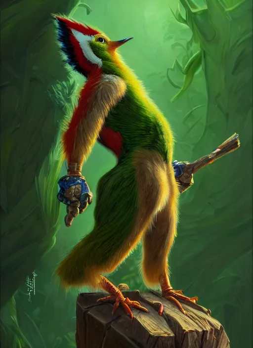 Prompt: portrait of aggressive woody the woodpecker, d & d, muscular! green, fantasy, intricate, elegant, highly detailed, digital painting, artstation, concept art, smooth, sharp focus, illustration, art by artgerm and greg rutkowski and alphonse mucha