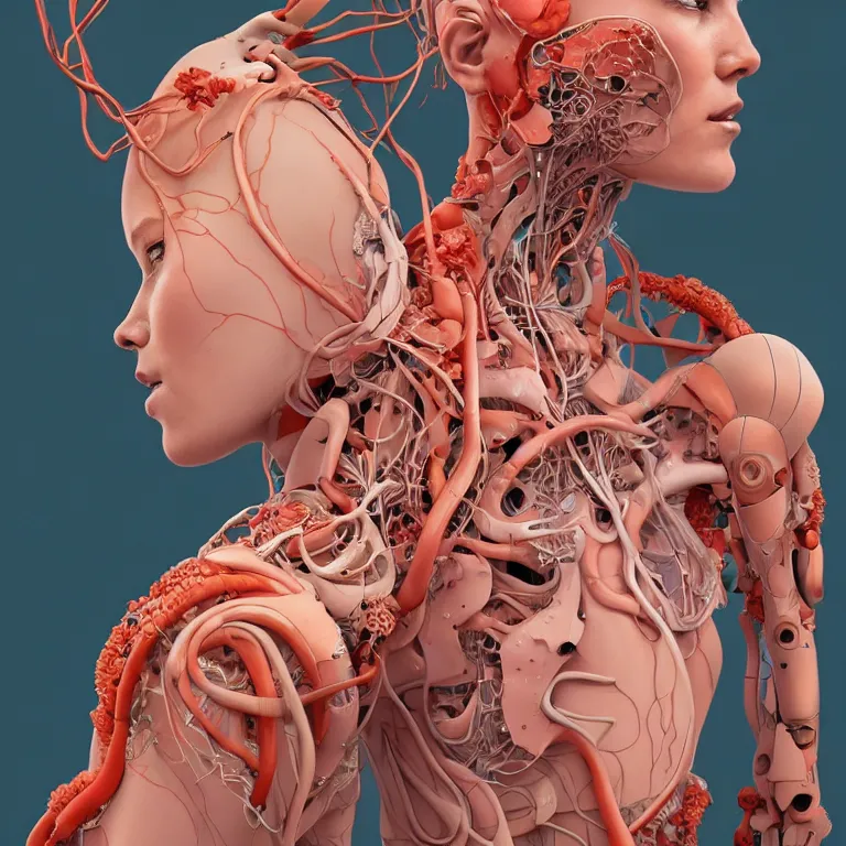 Prompt: portrait of beautiful!! woman with coral!! reef hair. torso, lungs, plates, biomechanical android. soft light painted by james jean and moebius!!! and erik jones, inspired by mary jane ansell, smooth face feature, intricate oil painting, high detail 3 d render, sharp high detail