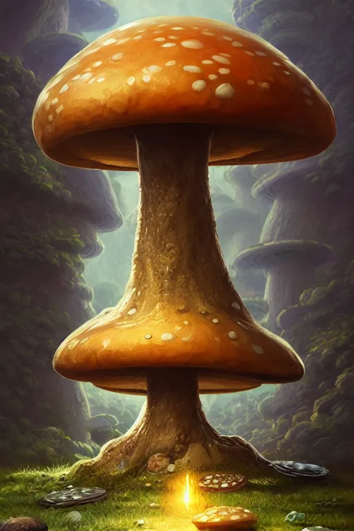 Prompt: mushroom temple, highly detailed, d & d, fantasy, highly detailed, digital painting, trending on artstation, concept art, sharp focus, illustration, global illumination, ray tracing, realistic shaded, art by artgerm and greg rutkowski and fuji choko and viktoria gavrilenko and hoang lap, sunny