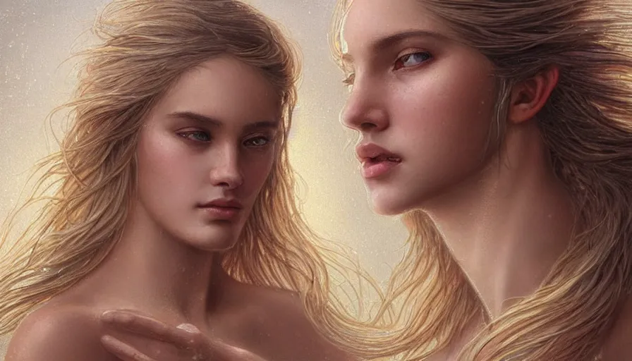 Image similar to an beautiful goddess with wet blonde hair and sweaty skin, wet hair, flowing hair, beautiful face, perfectly-centered-Portrait of a most beautiful woman it the world, intricate, highly detailed, digital painting, artstation, concept art, smooth, sharp focus, illustration, Unreal Engine 5, 8K, art by artgerm and greg rutkowski and alphonse mucha