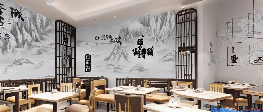 Image similar to a beautiful simple interior 4 k hd wallpaper illustration of small roasted string hotpot restaurant restaurant yan'an, wall corner, from china, wallpaper with tower mountains, rectangle white porcelain table, black chair, fine simple delicate structure, chinese style, simple style structure decoration design, victo ngai, 4 k hd