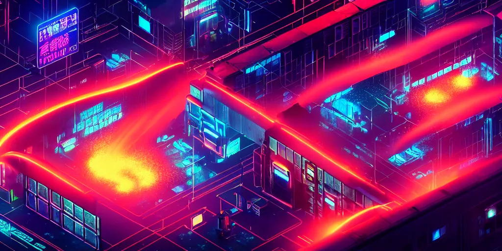 Image similar to isometric room of factory exploding at night in the center of a futuristic sci-fi asian city, signboards, neon lights, blade runner color palette, rendered in octane render by Yasunari Ikenaga, Yamato, Macross