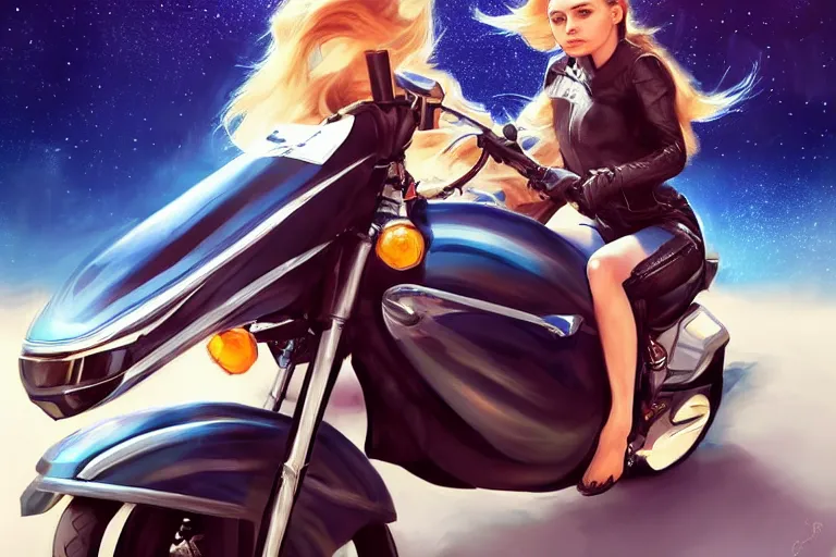 Image similar to chloe grace moretz is riding a motorbike, digital painting, artstation, the space background, concept art, by artgerm hyperdetailed trending on artstation trending on deviantart