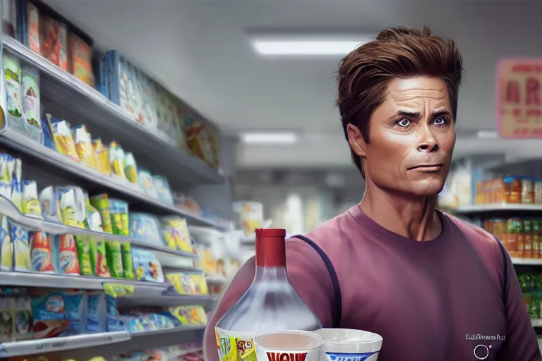 Image similar to rob lowe face in a yogurt cup, dairy aisle at grocery store, charlie bowater, artgerm, ilya kuvshinov, krenz cushart, ruan jia, realism, ultra detailed, 8 k resolution