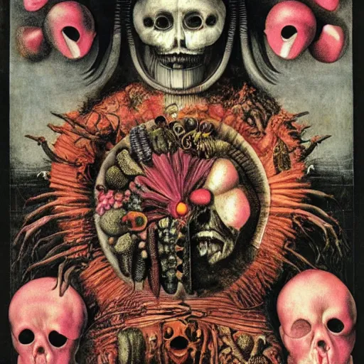 Image similar to post - punk album cover, asymmetrical design, dollar bank, new age, apocalypse, psychedelic, black white pink, magic, giger h. r., giuseppe arcimboldo