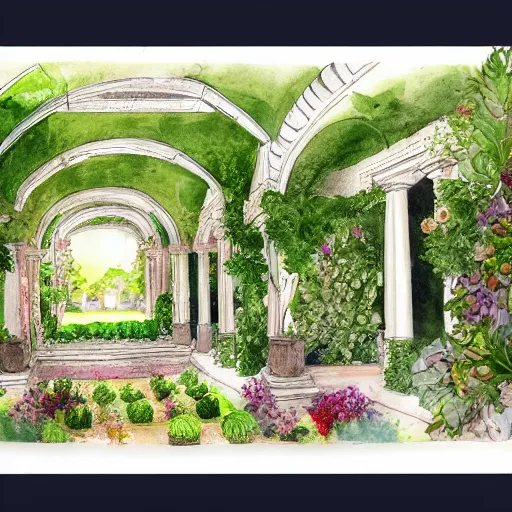 Image similar to delicate garden on paper floating puffy vines botanical herbarium botanic watercolors iridescent 8 k wide angle realistic shaded fine details, artstation italian rainbow colonnade oak pinecone gardena architecture pompeii