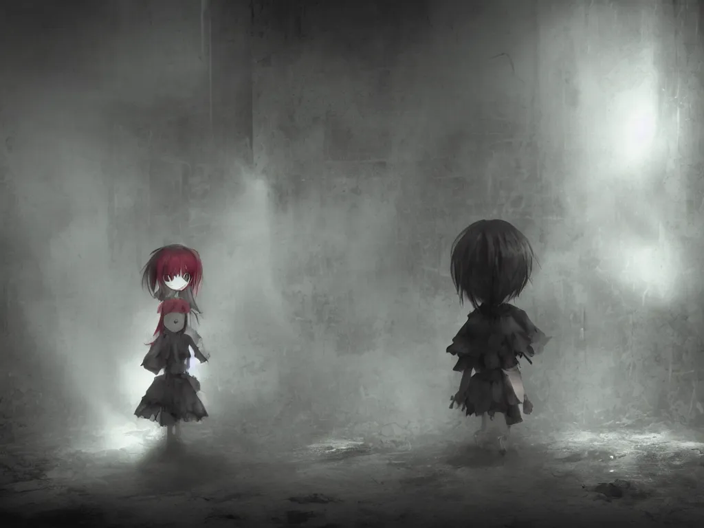 Prompt: cute fumo plush girl ghosts playing in a mysterious concrete wartorn brutalist ruin, ominous bright red lights, chibi gothic maiden in tattered rags, dramatic three point lighting, glowing wisps of hazy smoke and volumetric fog swirling about, vray