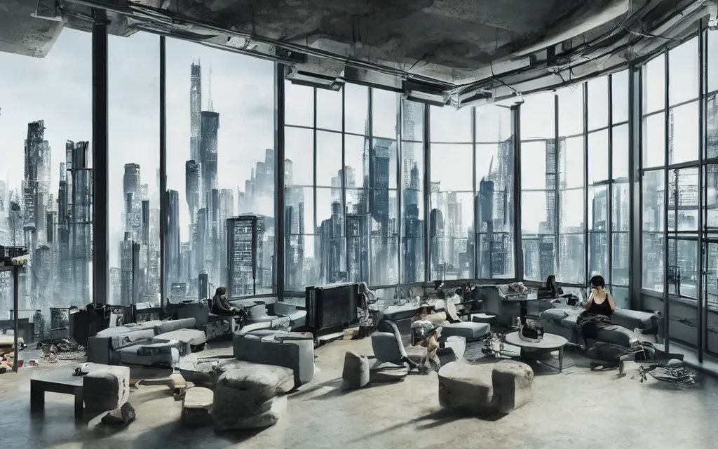 Image similar to cyberpunk loft lounge with tall windows without people with city in background, drawn by feng zhu