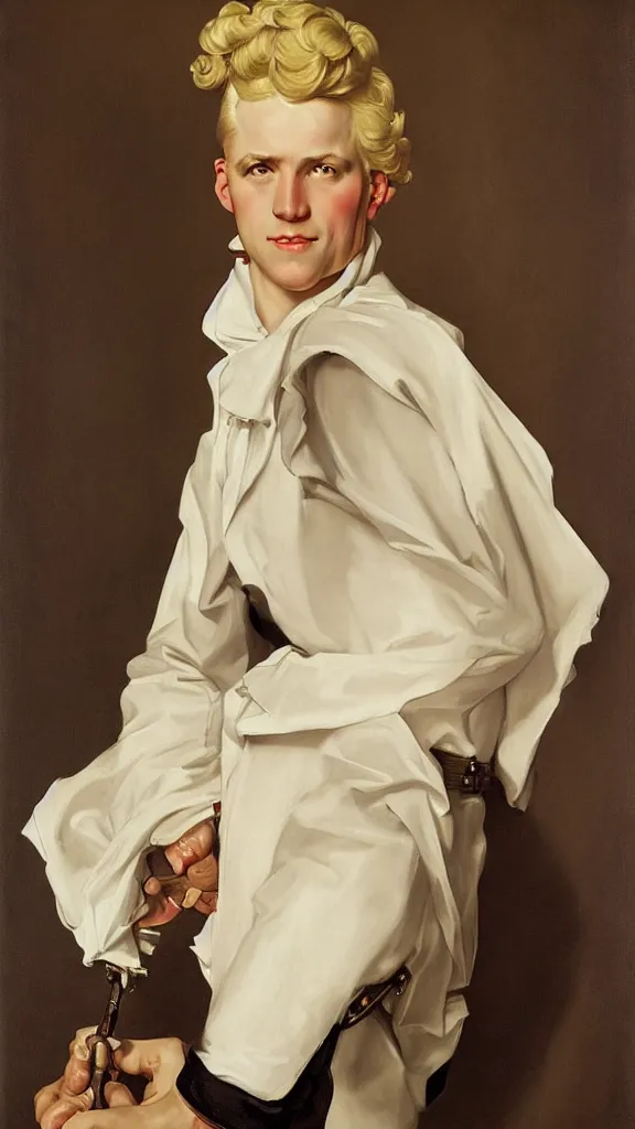 Image similar to Painting of lucius as a German tailor, long blond drill curls, delicate androgynous prince, pale milky white porcelain skin, by Leyendecker and Norman Rockwell