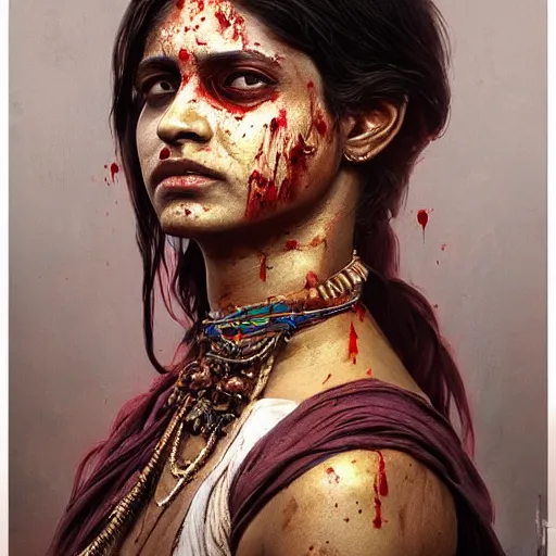 Image similar to portrait painting of a bloodied indian female butcher from behind, ultra realistic, concept art, intricate details, eerie, highly detailed, photorealistic, octane render, 8 k, unreal engine. art by artgerm and greg rutkowski and alphonse mucha