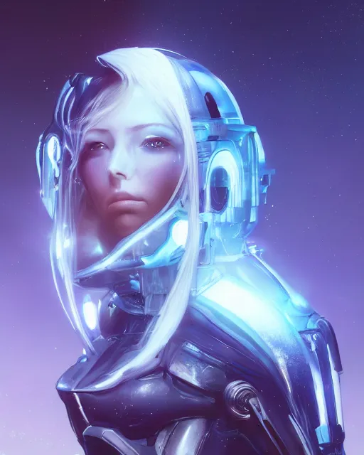 Image similar to perfect android girl on a mothership, warframe armor, beautiful face, scifi, futuristic, galaxy, nebula, raytracing, dreamy, long white hair, blue cyborg eyes, sharp focus, cinematic lighting, highly detailed, artstation, divine, by gauthier leblanc, kazuya takahashi, huifeng huang