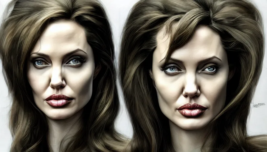 Image similar to angelina jolie by roger dean, by hr giger, profile portrait, hyper detailed, hyperrealism, deviantart, artstation, 4 k, highly detailed, vray rendering, unreal engine