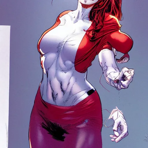 Image similar to a beautiful comic book illustration of a red-headed woman with a white shirt in a laboratory waving by Jerome Opeña, featured on artstation