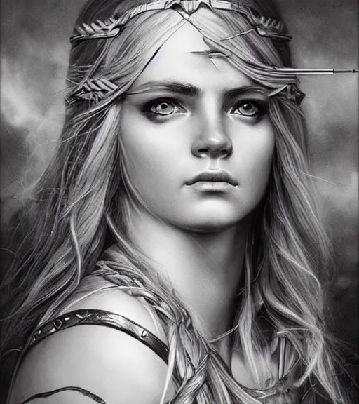 Image similar to portrait of beautiful aphrodite goddess as an archer warrior, arrow, beautiful piercing eyes, flowing blonde hair, realistic face, black and white drawing, in the style of greg rutkowski, fantasy, amazing detail, epic, intricate, elegant, smooth, sharp focus