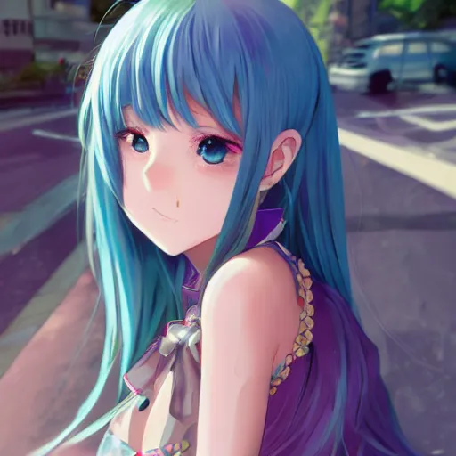 Image similar to a very beautiful anime girl, full body, long rainbow iridescent hair, sky blue eyes, full round face, short smile, mini jeans skirt, cute top, urban setting, cinematic lighting, medium shot, mid-shot, highly detailed, trending on Artstation, Unreal Engine 4k, cinematic wallpaper by Stanley Artgerm Lau, WLOP, Rossdraws, James Jean, Andrei Riabovitchev, Marc Simonetti, and Sakimichan