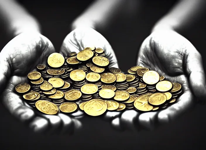 Image similar to old retro burnt out sepia photograph with scratches of an old and wrinkled hand with five fingers!! holding a few golden coins with royal engravings. magical forest in the background with bokeh. Antique. High quality 8k. Intricate. Sony a7r iv 35mm. Award winning. Zdzislaw beksinski style