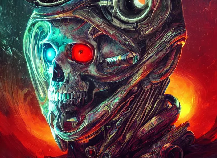 Image similar to a futuristic skull with glowing eyes and a wormhole tunnel cyberpunk art by android jones, featured on artstation, darksynth, synthwave