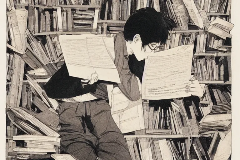 Image similar to a student reading all the human knowledge made to date with papers going towards the horizon, katsuhiro otomo