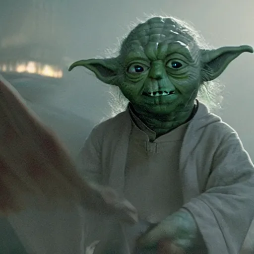 Image similar to movie still of yoda as godzilla destroying tokyo in the new godzilla movie, giant yoda