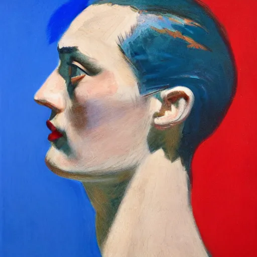 Prompt: profile portrait in hungarian realist style ( 1 9 5 4 ), ultramarine blue, venetian red, titanium white, modeled lighting, detailed, expressive, shadows